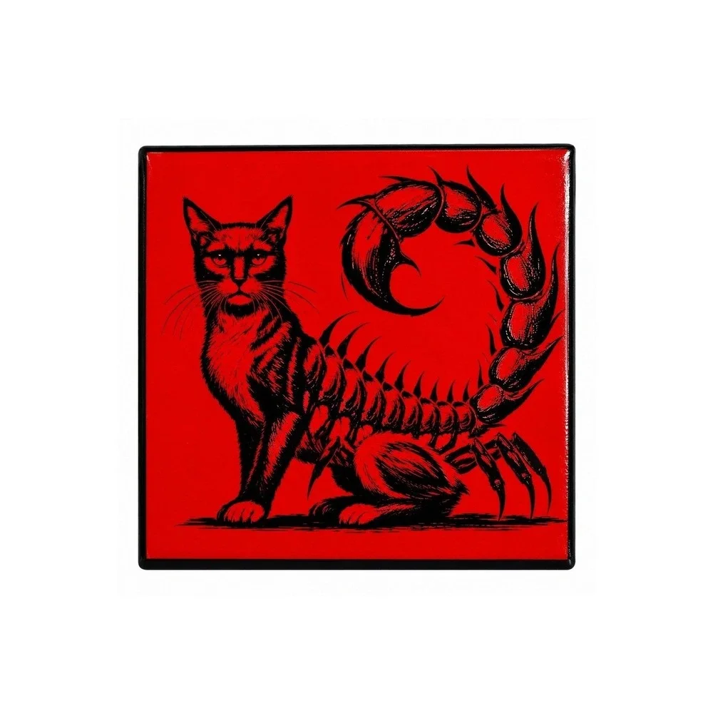 Cat Scorpion Chimera Ceramic Coaster Red Black Laser Engraved Gothic Oddity